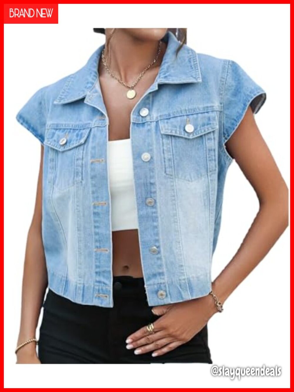 Womens Vintage Denim Vest Button Down Short Sleeve Jean Waistcoat Jacket